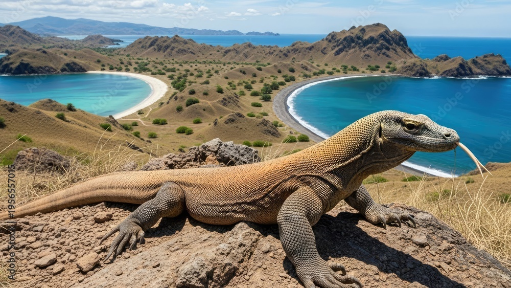 Fototapeta premium A large lizard sitting on a rock overlooking a beautiful bay