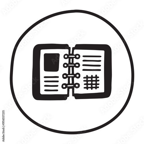 Doodle organizer calendar icon or logo hand drawn with black line in freehand style. Vector illustration isolated on white background