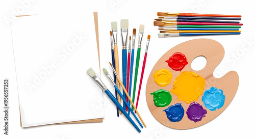 Art Supplies Palette, Brushes, Colors, Canvas on White Background
