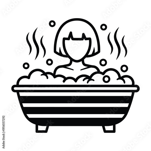 Woman relaxing in a hot bath with bubbles and steam serene black and white illustration striped bathtub