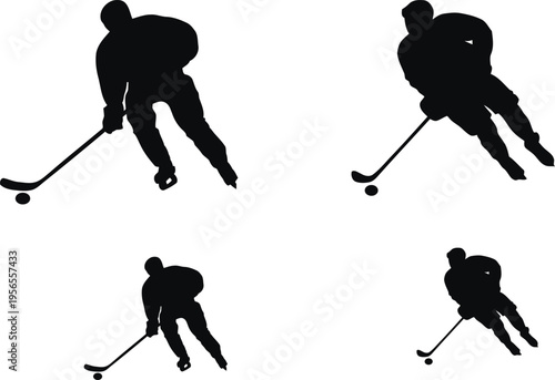 Silhouetted hockey players in dynamic positions with ice skates and pucks