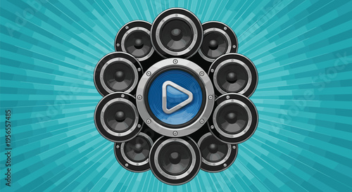Abstract Vector Illustration Featuring a Blue Play Button Surrounded by Music Speakers on a Turquoise Sunburst Background for Audio Streaming and Media Production