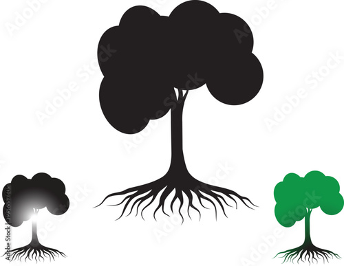 Silhouetted tree stages of growth and root systems in monochromatic green shade