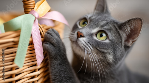 Curious cat playing with ribbon on easter basket – perfect for pet lovers and holiday decor