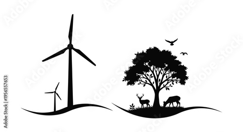 Black and white silhouette combining wind turbines and natural wildlife scene for conservation.