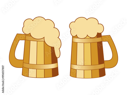 Wooden mugs set with beer foam. Cartoon stylized flat vector illustration isolated on white background