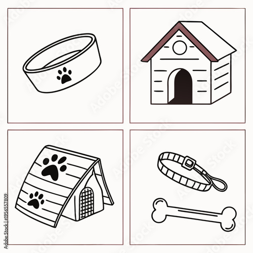 Pet care supplies set with dog house collar and food bowl illustration