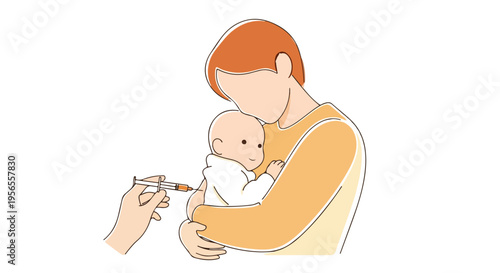 A mother holding her baby while receiving a vaccination during World Immunization Week against a clean white background