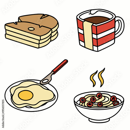 Breakfast food items with coffee mug fried egg toast and cereal bowl