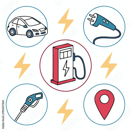 Electric vehicle charging station concept with ev car and plug icons