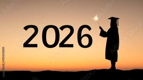 Class of 2026 graduation celebration with sparkler silhouette at sunset