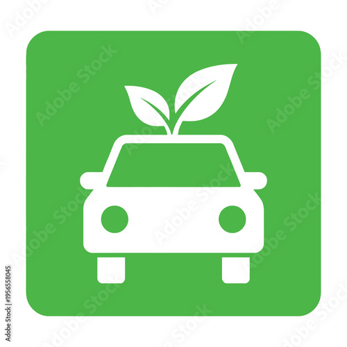 Eco friendly car icon with green leaves on a square background symbolizing sustainable transportation and environmental conservation ideal for eco conscious branding