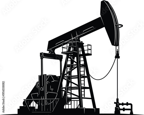 WebOil pump jack silhouette, petroleum industry extraction equipment, fuel energy production, oil well drilling rig, industrial engineering, fossil fuel, isolated, black.