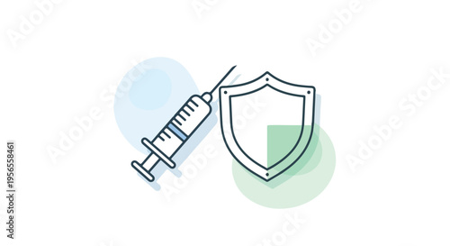 Illustration of a syringe and shield on colored circles representing world immunization week with a protective healthcare concept