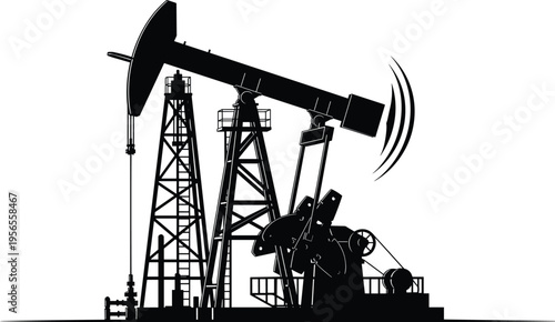 Oil pump jack silhouette, petroleum industry extraction equipment, fuel energy production, oil well drilling rig, industrial engineering, fossil fuel, isolated, black.