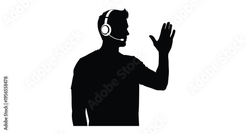 Man wearing a headset waving displayed as a striking silhouette