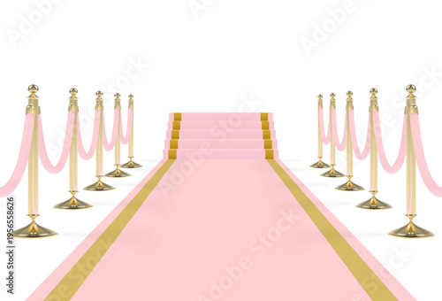 Pink carpet with stairs, podium, ropes and golden stanchions. Vector illustration.