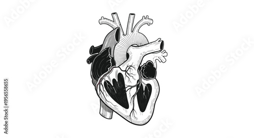 Detailed anatomical illustration of a human heart black and white silhouette