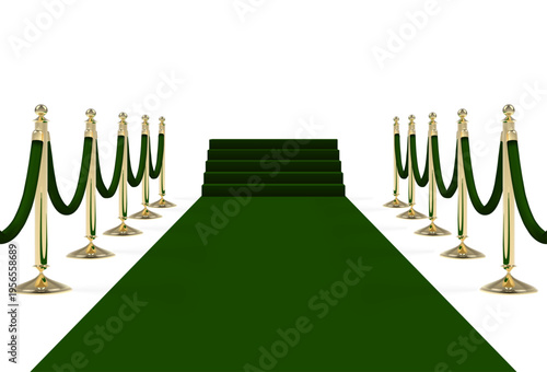 Black green carpet with stairs, podium, ropes and golden stanchions. Vector illustration.