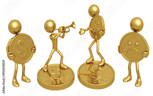 Four gold humanoid figures holding or standing on gold coins with dollar signs  one playing trumpet