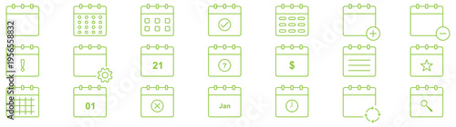 Minimal calendar and date line icons including schedule, event, deadline, reminder, planner, and time management. Editable stroke vector illustration.