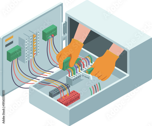 Electrician installing wiring inside electrical control panel box isometric illustration showing maintenance work circuit connection and industrial electrical system setup