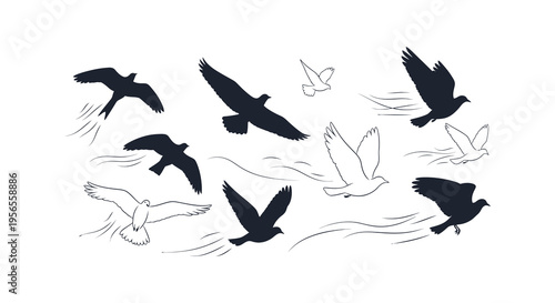 A flock of birds in flight captured as a striking silhouette