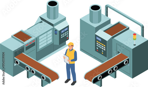 Factory worker monitoring automated conveyor belt machines in industrial production line isometric illustration showing manufacturing process control and efficiency