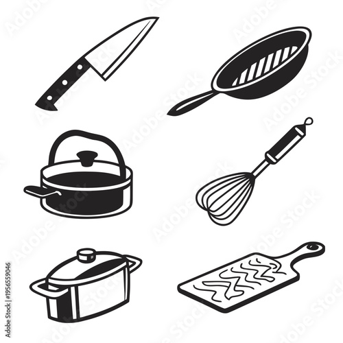 Kitchenware and cooking utensils set black and white graphic icons