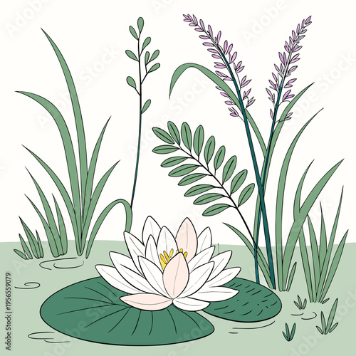 White water lily flower on pond with reeds and grasses illustration
