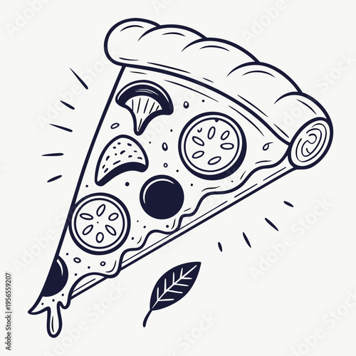 Pizza slice with mushroom and tomato toppings hand drawn illustration