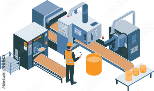 Industrial worker monitoring automated production line with conveyor and machines isometric vector illustration manufacturing process quality control factory concept