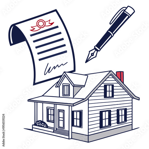 Real estate contract with house and fountain pen illustration