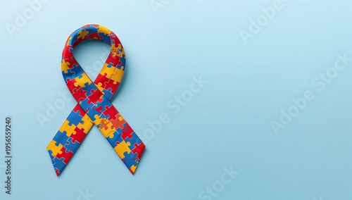 A colorful puzzle piece ribbon symbolizes autism awareness and acceptance against a light blue backdrop