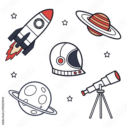Outer space exploration icons with rocket ship astronaut helmet and moon