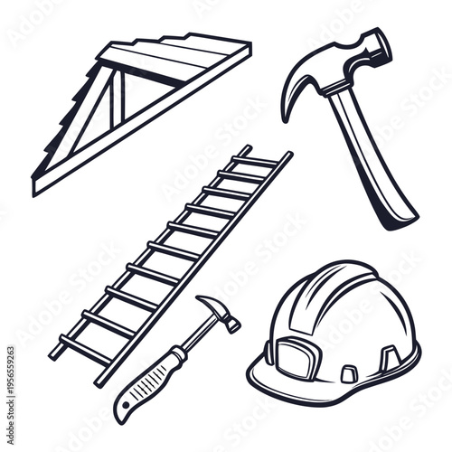 Roofing construction tools with hammer ladder hard hat and roof frame