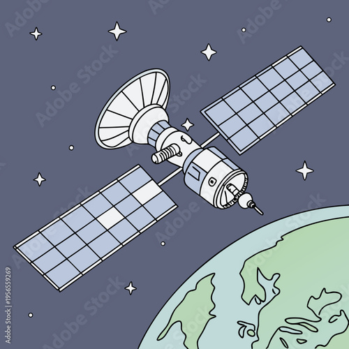 Communication satellite orbiting planet earth in outer space illustration
