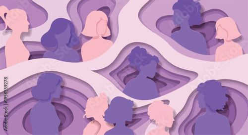 Paper cut style female silhouettes, diverse women community in purple and pink tones, layered paper art background for international women's day