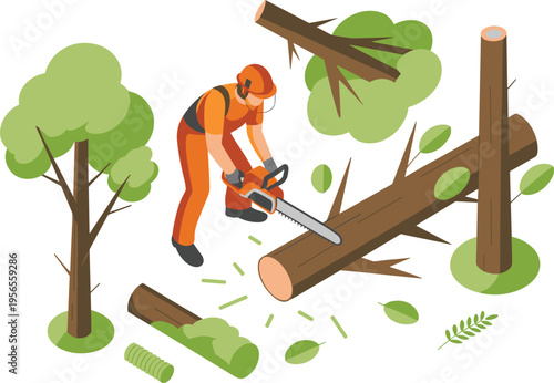 Lumberjack cutting fallen tree with chainsaw in forest isometric vector illustration logging forestry wood harvesting outdoor work concept