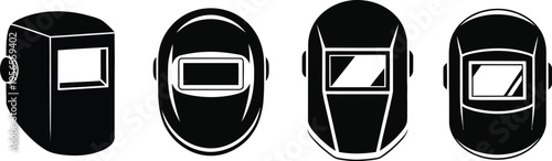 Four distinct welding helmet designs presented in black silhouette, bold vector illustrations of safety helmets