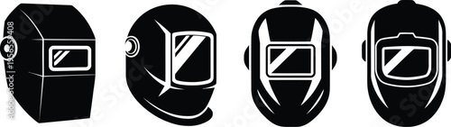 Four distinct welding helmet designs presented in black silhouette, bold vector illustrations of safety helmets