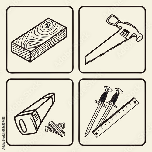 Woodworking tools and materials icons - black and white