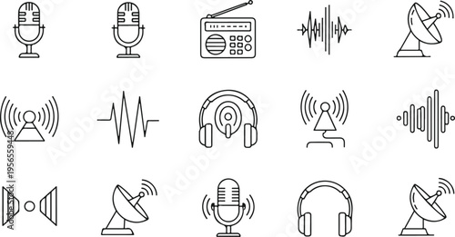 collection of flat design communication and audio technology icons set isolated on white background
