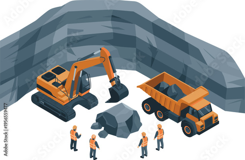 Mining site with excavator and dump truck extracting rocks isometric illustration showing heavy equipment operation industrial quarry and workforce activity