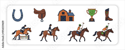 Equestrian Sports Horseback riders in helmets on equine saddles. Men, women during horseriding, Equestrians riding horse backs set.
walking, trotting, galloping. Activities in Minimal Outline Style, F