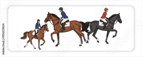 Equestrian Sports Horseback riders in helmets on equine saddles. Men, women during horseriding, Equestrians riding horse backs set.
walking, trotting, galloping. Activities in Minimal Outline Style, F