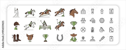 Equestrian Sports Horseback riders in helmets on equine saddles. Men, women during horseriding, Equestrians riding horse backs set.
walking, trotting, galloping. Activities in Minimal Outline Style, F