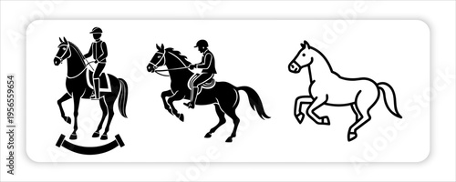 Equestrian Sports Horseback riders in helmets on equine saddles. Men, women during horseriding, Equestrians riding horse backs set.
walking, trotting, galloping. Activities in Minimal Outline Style, F