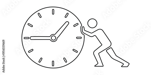 Man pushing giant clock wheel conceptual vector illustration for time management, deadline pressure, and hard work metaphor.
