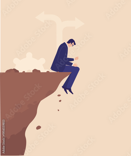 A businessman sitting on the edge of a cliff, symbolizing risk, contemplation, uncertainty, strategic thinking, and decision making in challenging business situations.